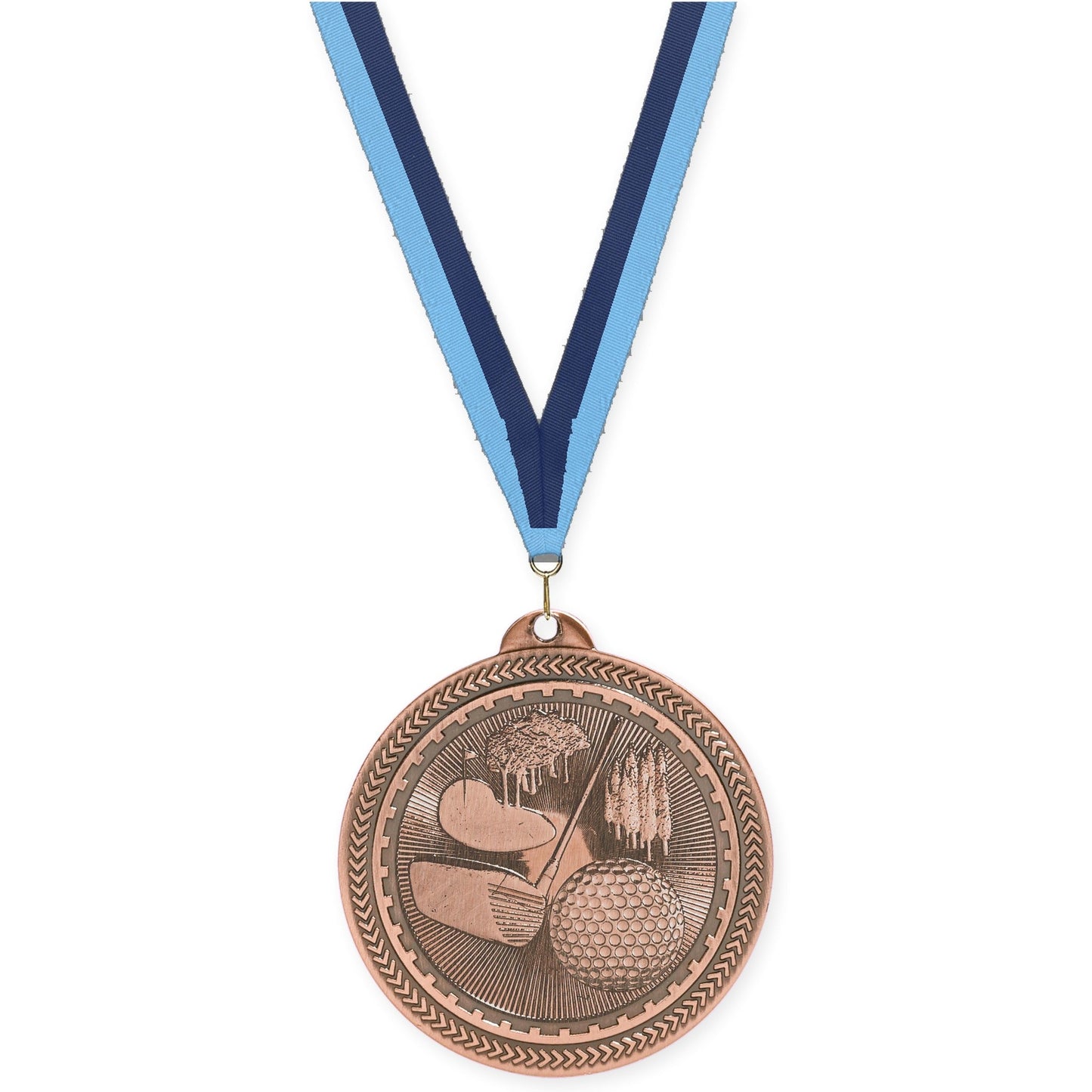 2 inch golf Sunburst medal in antique bronze with Light Blue Navy neck ribbon