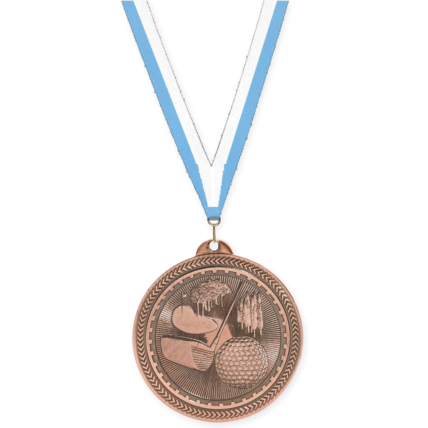 2 inch golf Sunburst medal in antique bronze with Light Blue White neck ribbon