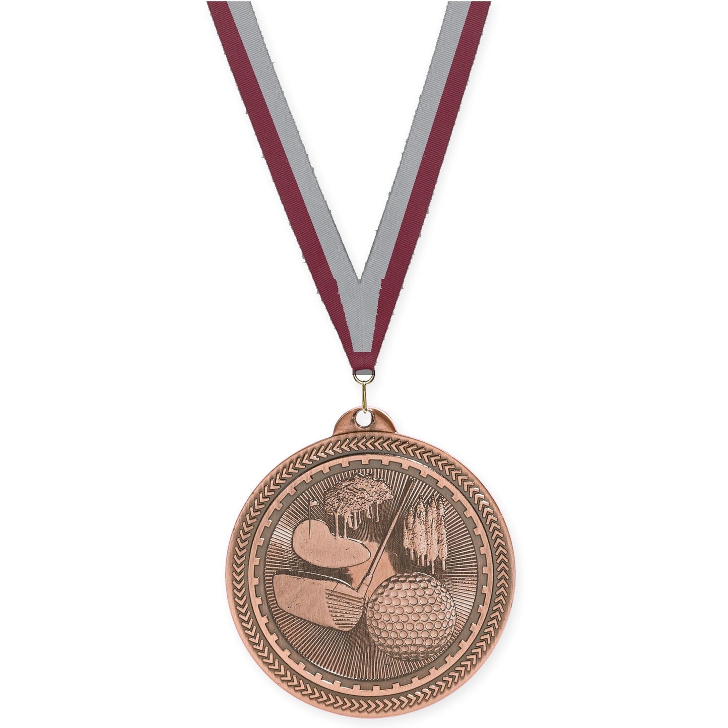 2 inch golf Sunburst medal in antique bronze with Maroon Gray neck ribbon