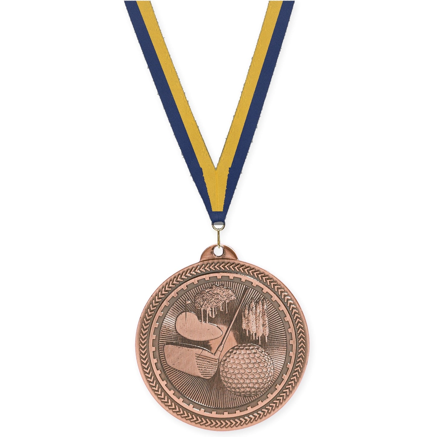 2 inch golf Sunburst medal in antique bronze with Navy Gold neck ribbon