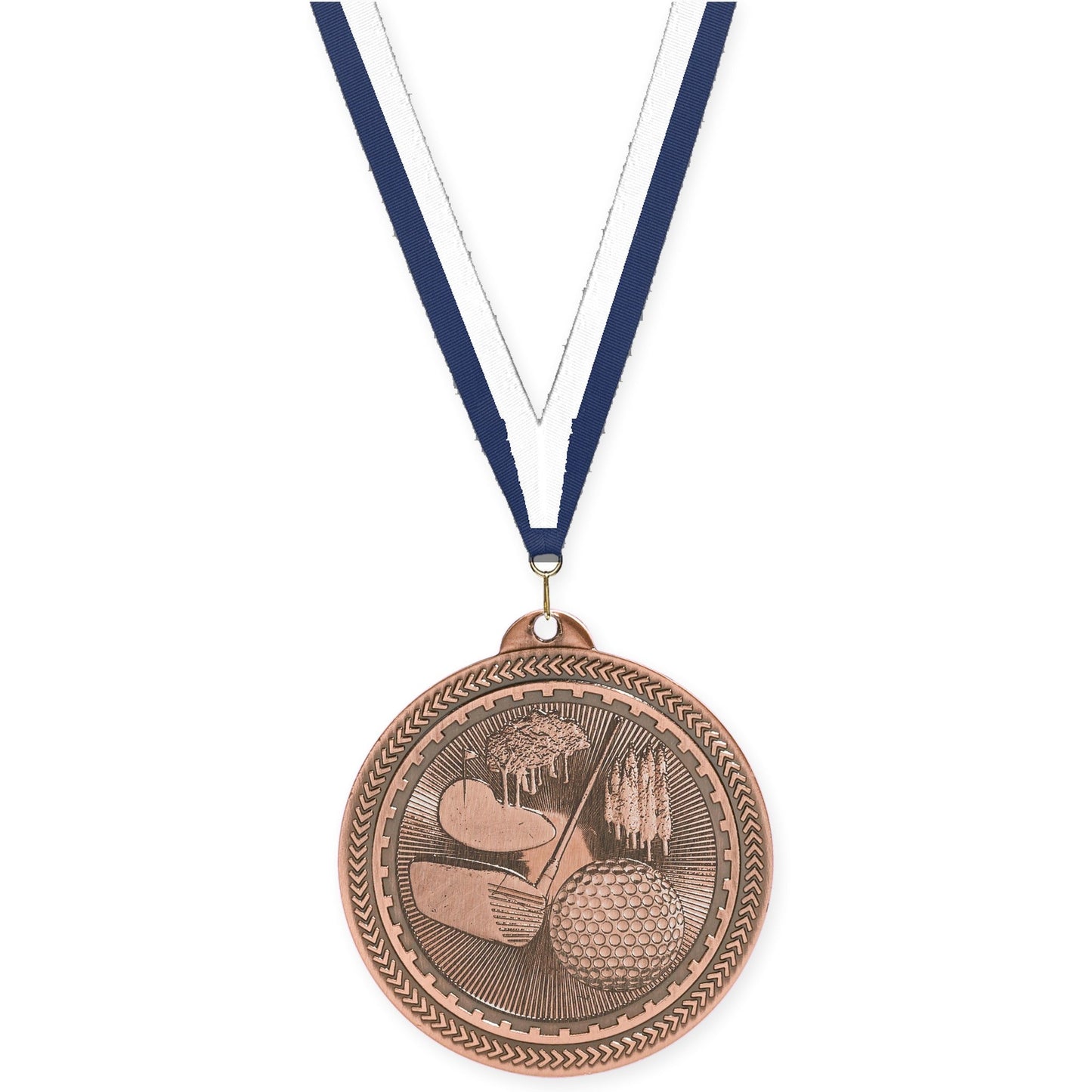 2 inch golf Sunburst medal in antique bronze with Navy White neck ribbon