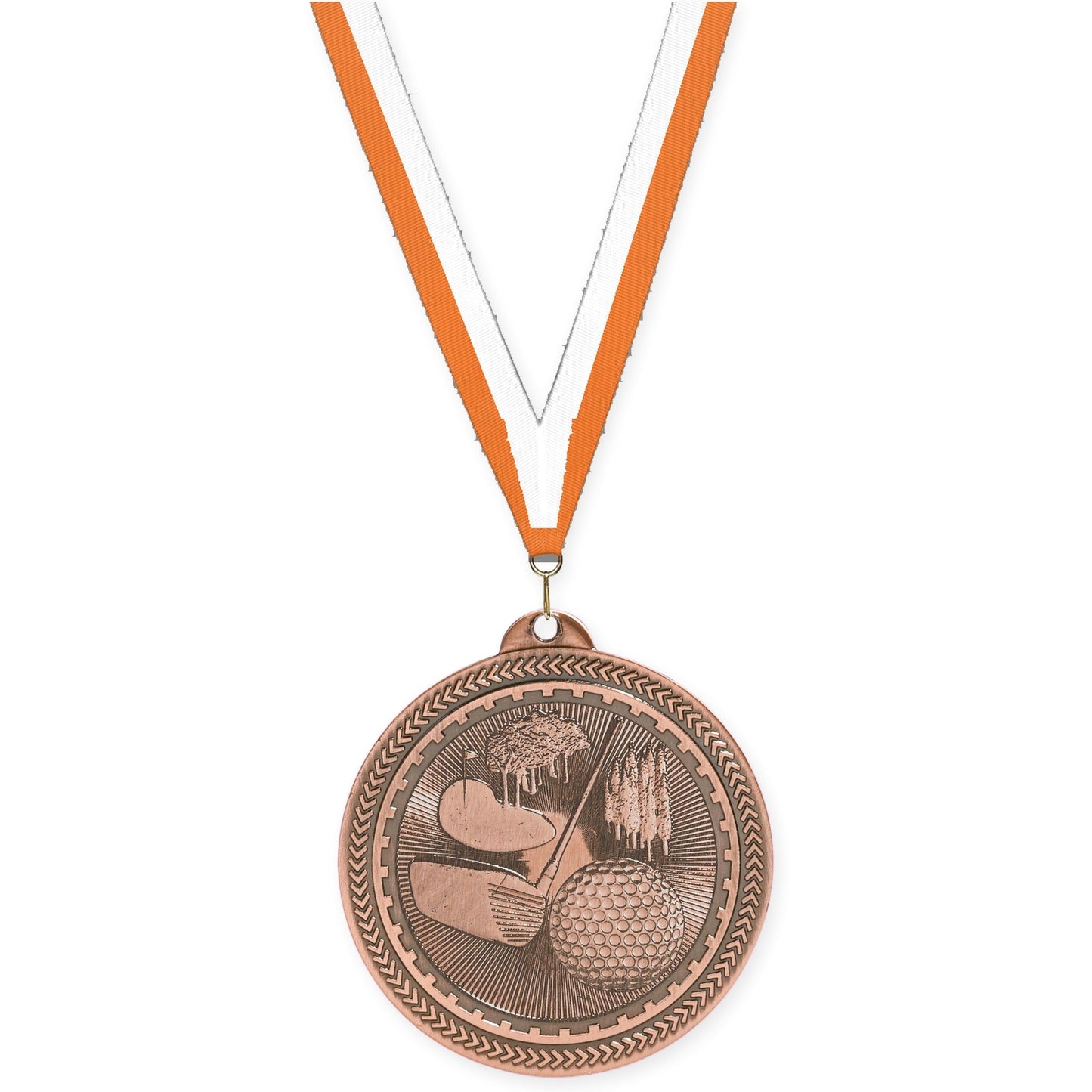 2 inch golf Sunburst medal in antique bronze with Orange White neck ribbon