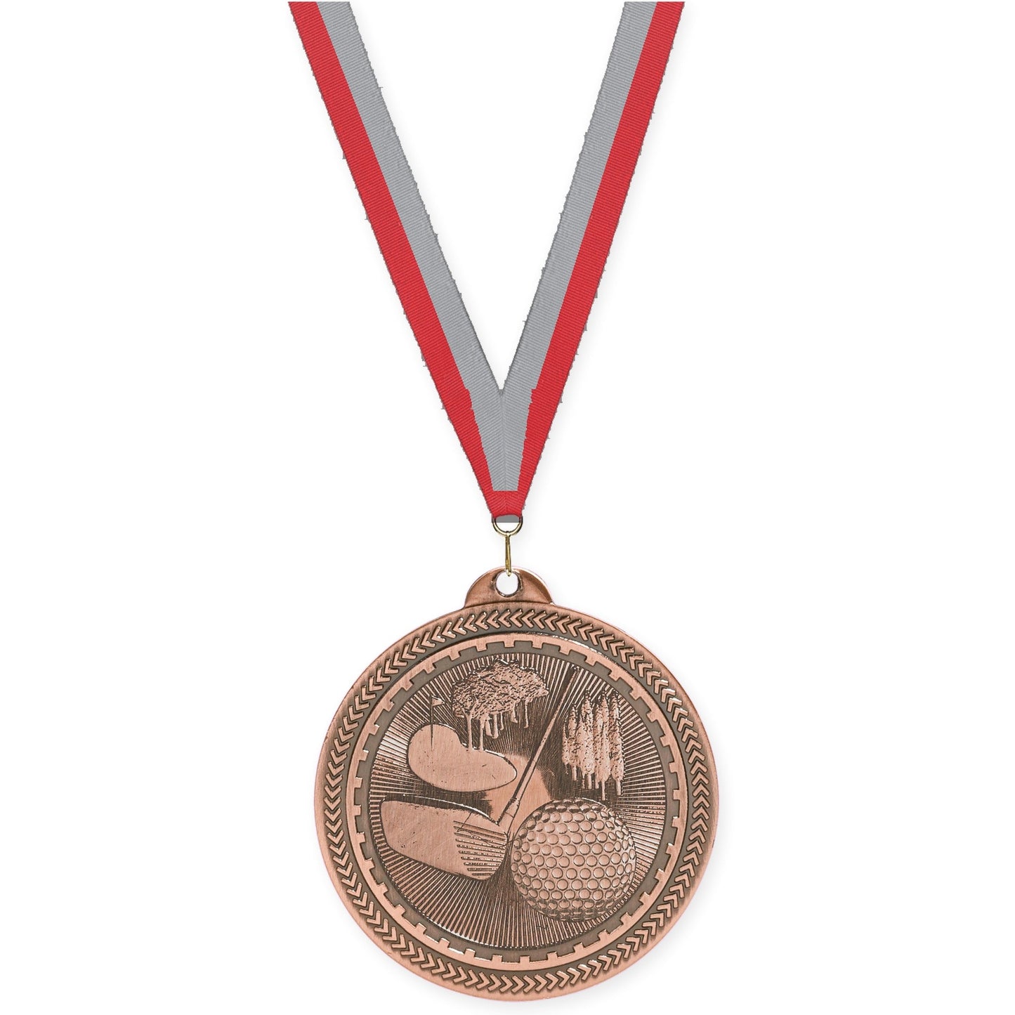 2 inch golf Sunburst medal in antique bronze with Red Gray neck ribbon