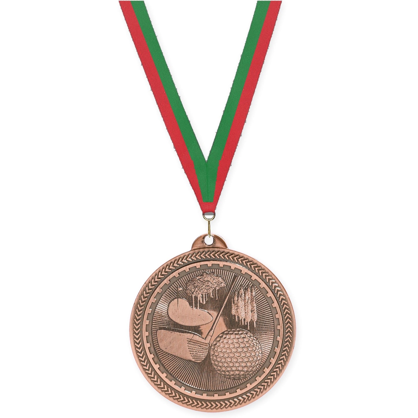 2 inch golf Sunburst medal in antique bronze with Red Green neck ribbon