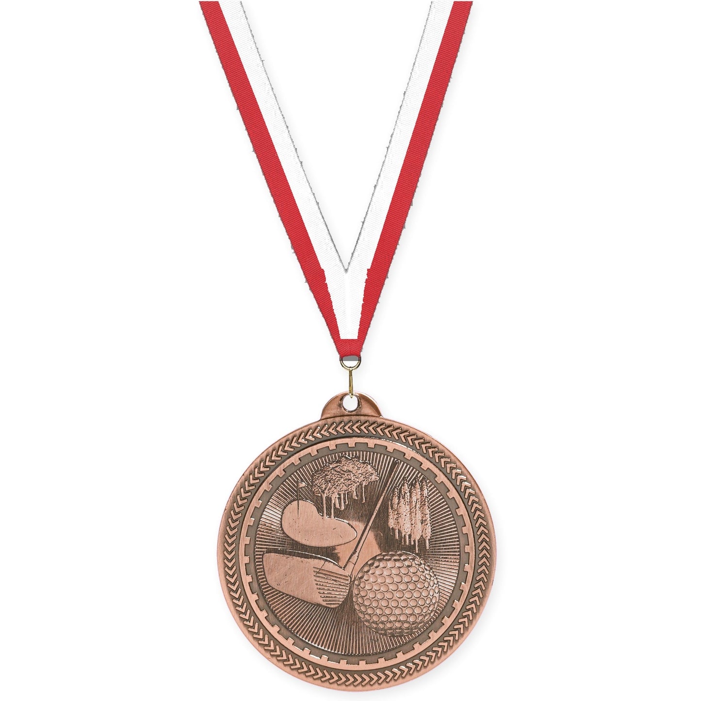 2 inch golf Sunburst medal in antique bronze with Red White neck ribbon