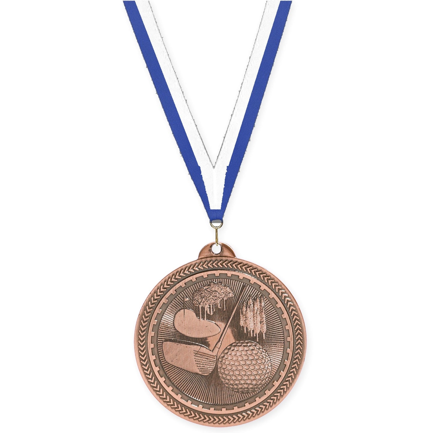 2 inch golf Sunburst medal in antique bronze with Blue White neck ribbon