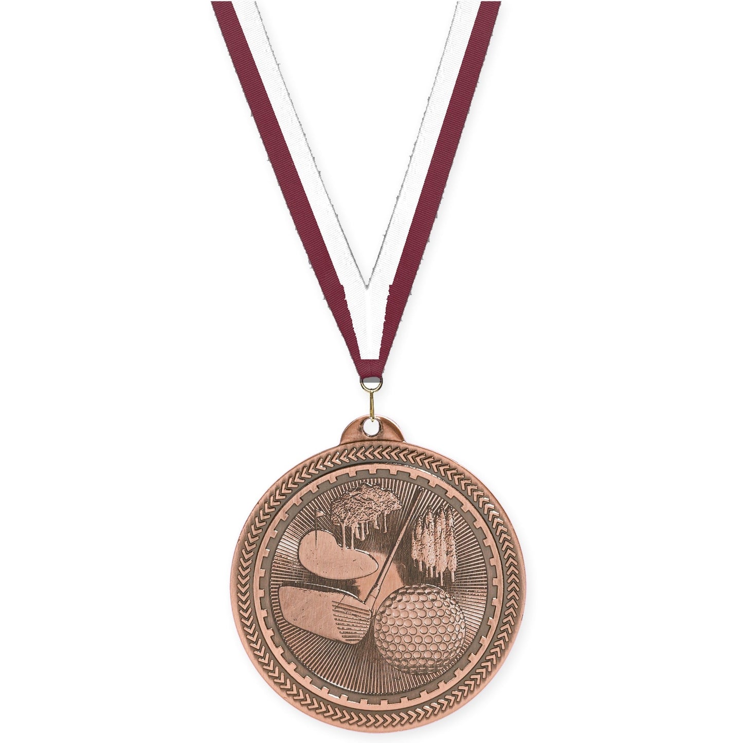 2 inch golf Sunburst medal in antique bronze with Maroon White neck ribbon