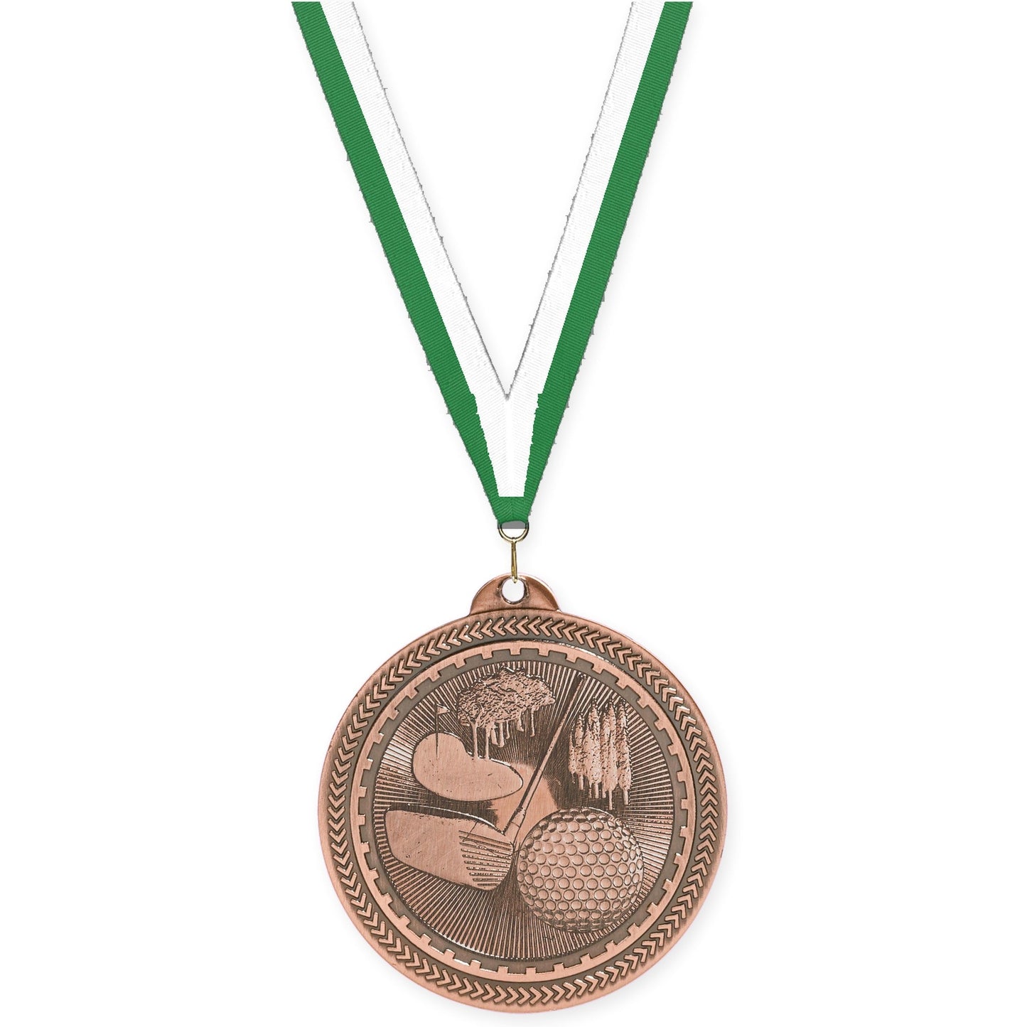 2 inch golf Sunburst medal in antique bronze with Green White neck ribbon