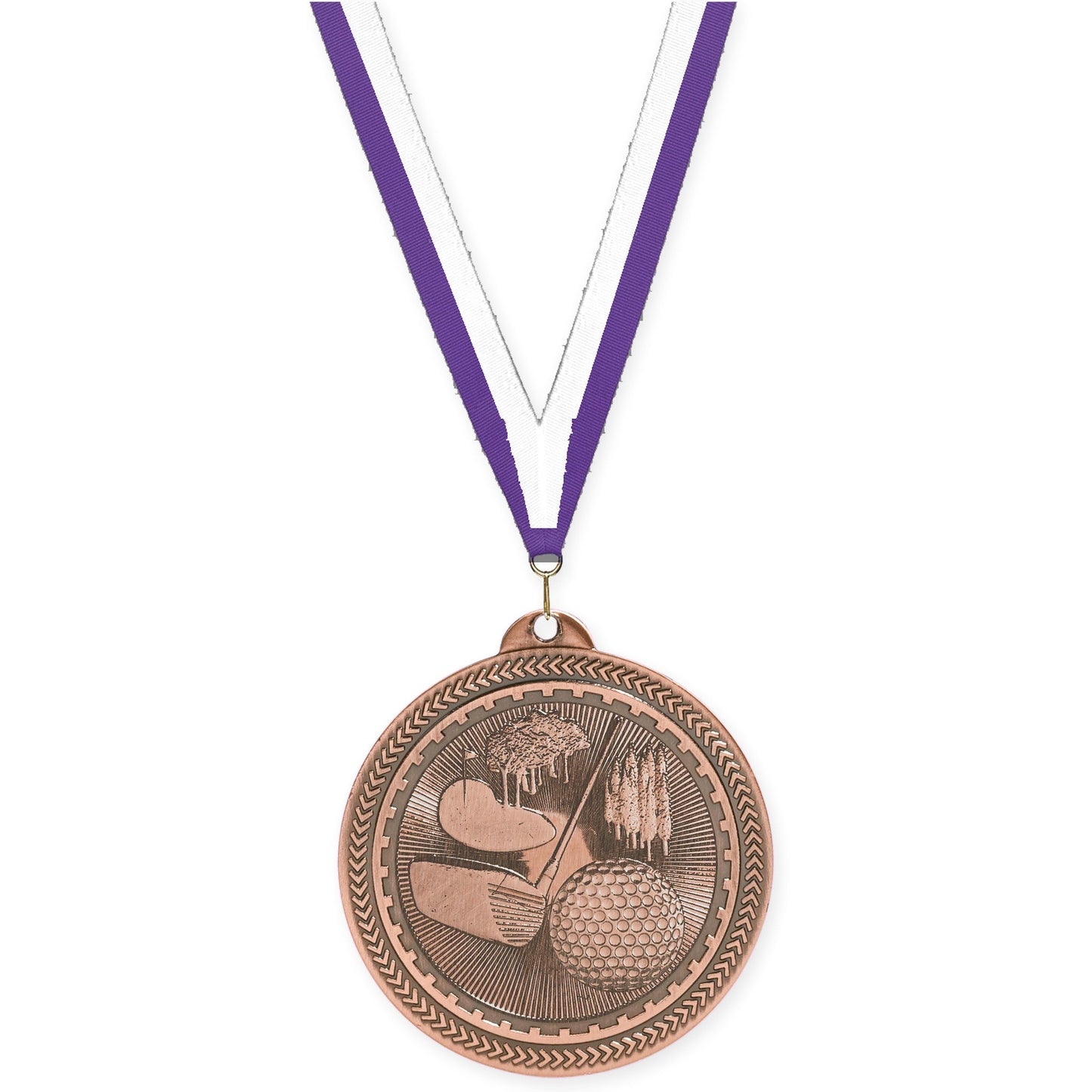 2 inch golf Sunburst medal in antique bronze with Purple White neck ribbon
