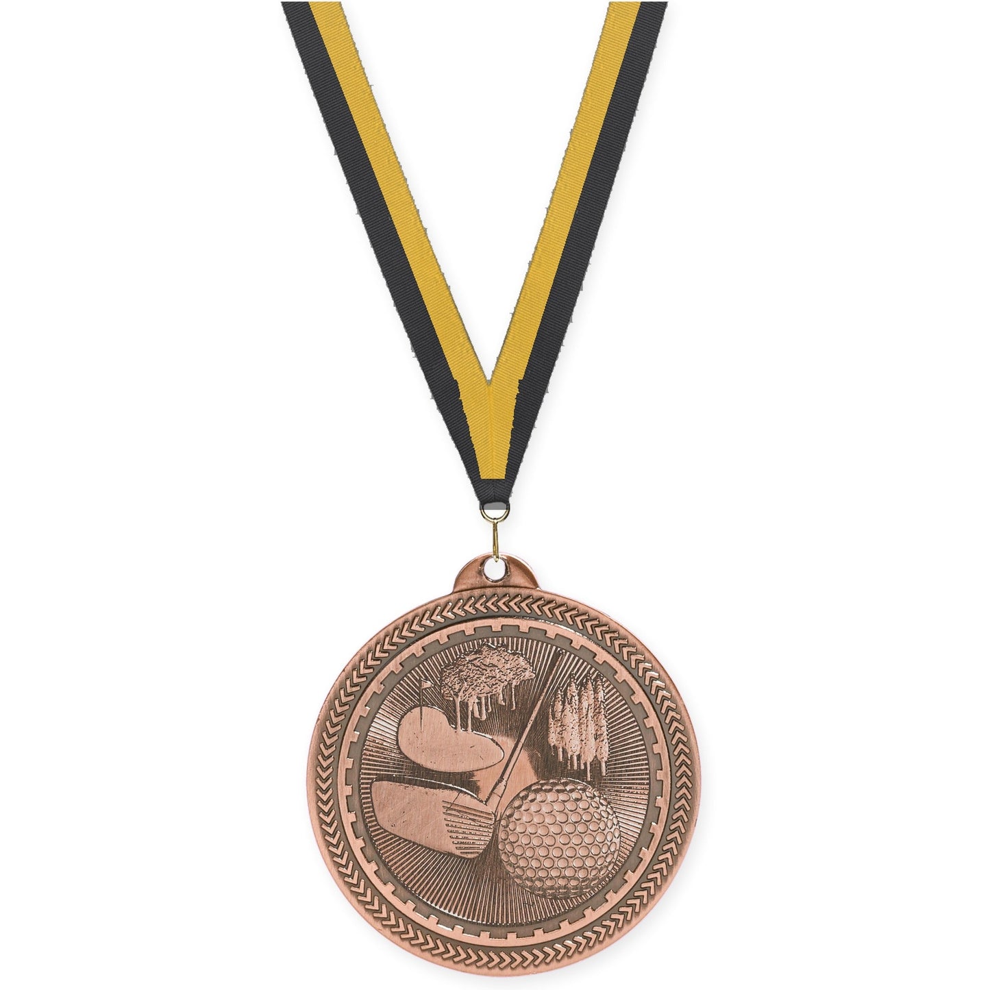 2 inch golf Sunburst medal in antique bronze with Black Gold neck ribbon