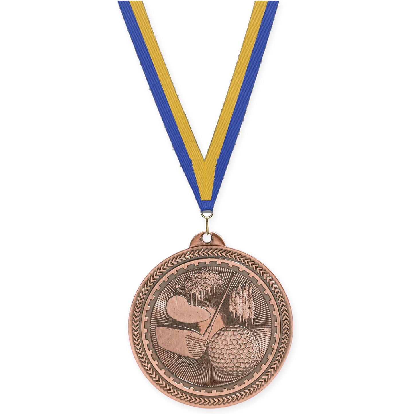 2 inch golf Sunburst medal in antique bronze with Blue Gold neck ribbon