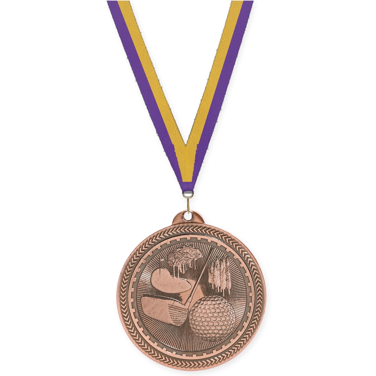 2 inch golf Sunburst medal in antique bronze with Purple Gold neck ribbon