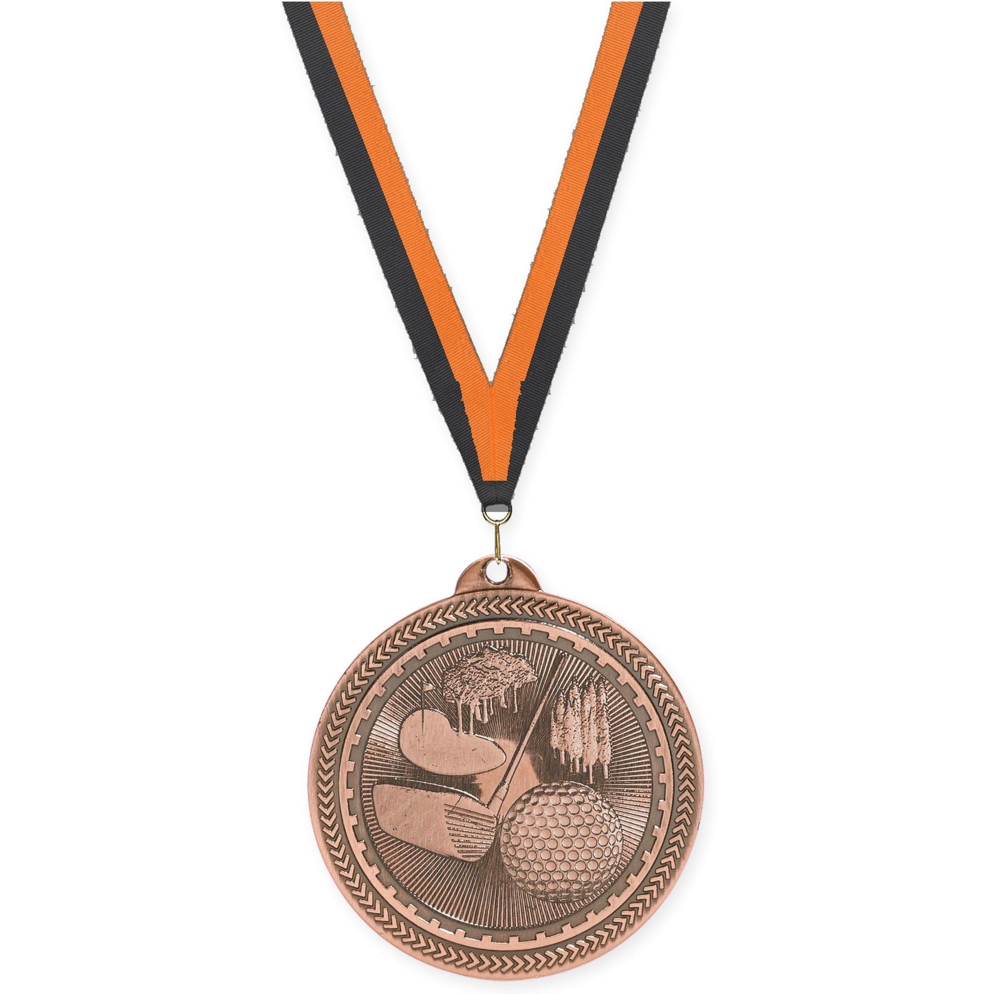 2 inch golf Sunburst medal in antique bronze with Black Orange neck ribbon