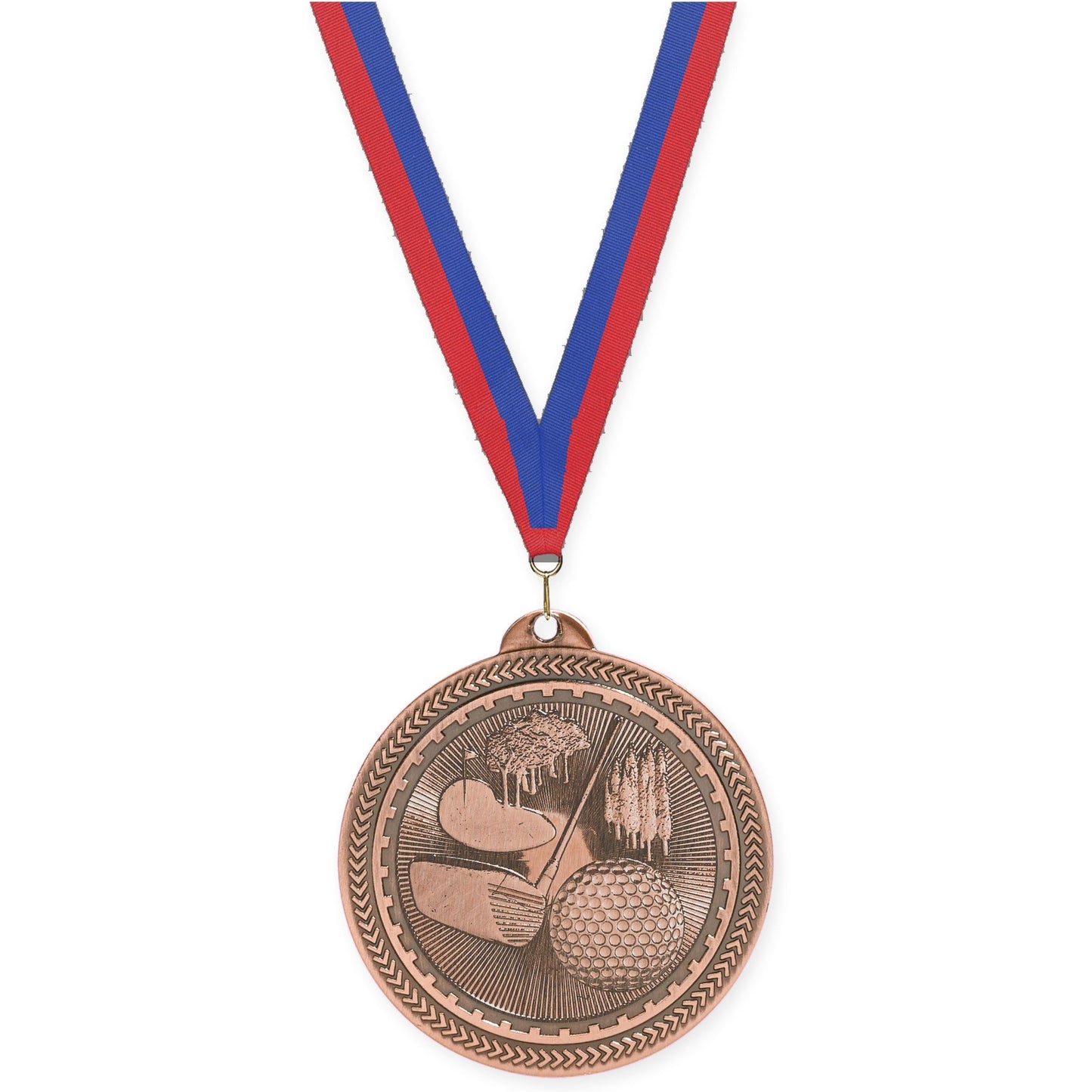 2 inch golf Sunburst medal in antique bronze with Blue Red neck ribbon