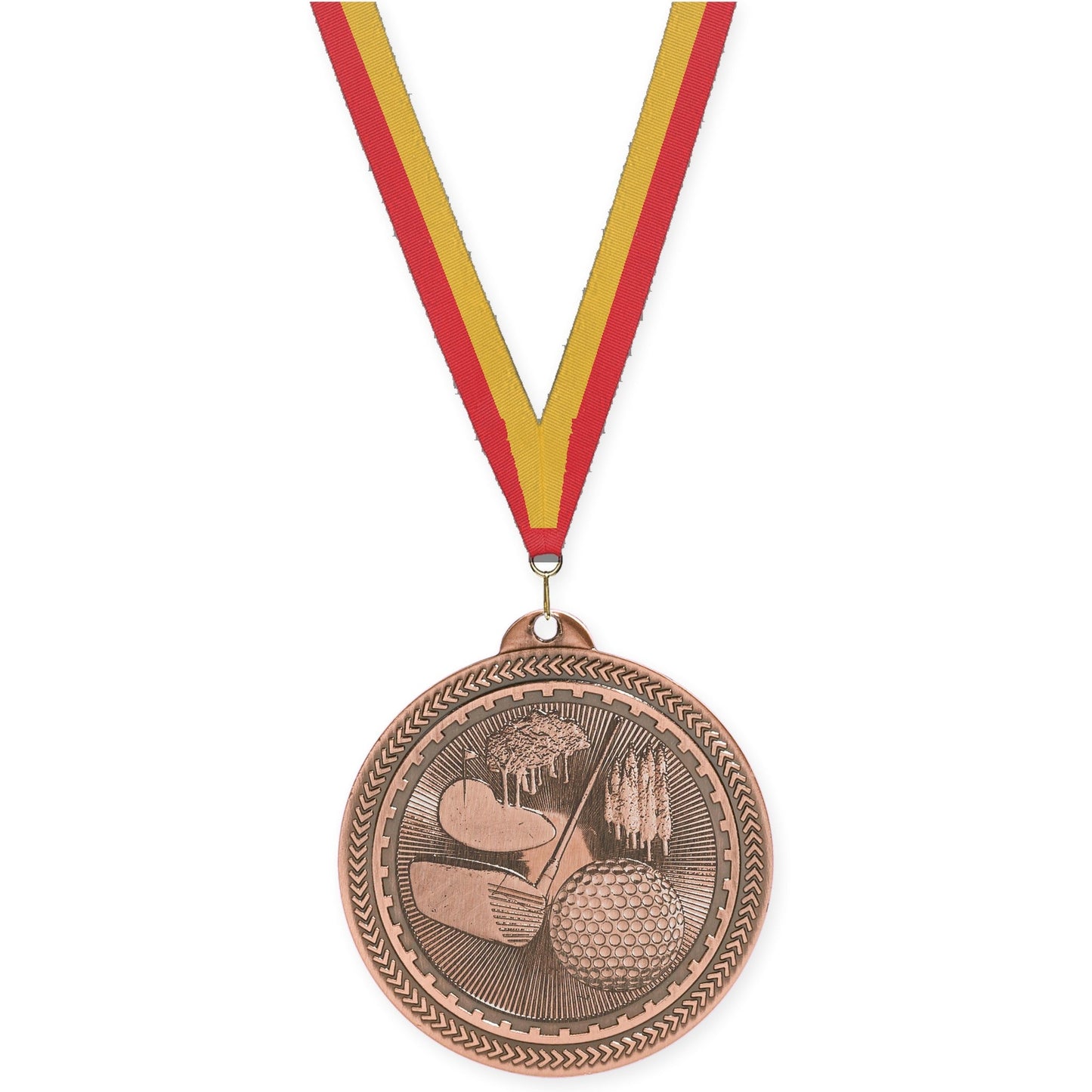 2 inch golf Sunburst medal in antique bronze with Red Gold neck ribbon