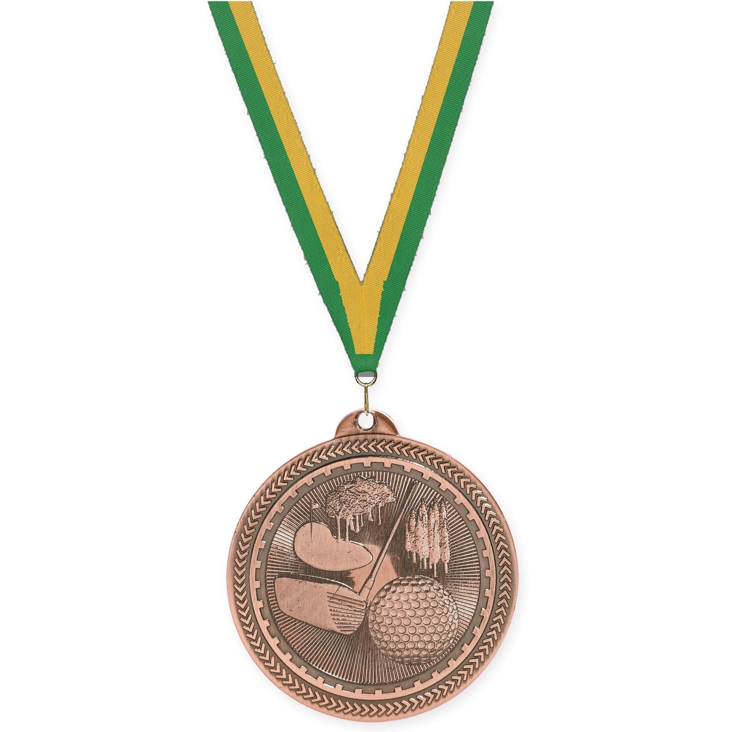 2 inch golf Sunburst medal in antique bronze with Green Gold neck ribbon