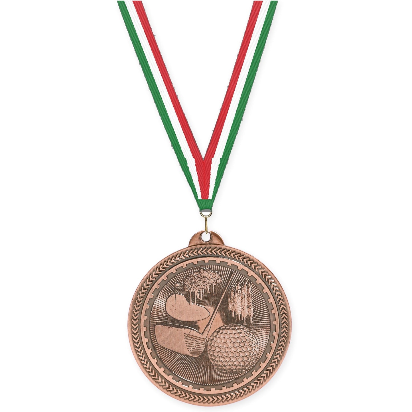 2 inch golf Sunburst medal in antique bronze with Green White Red neck ribbon
