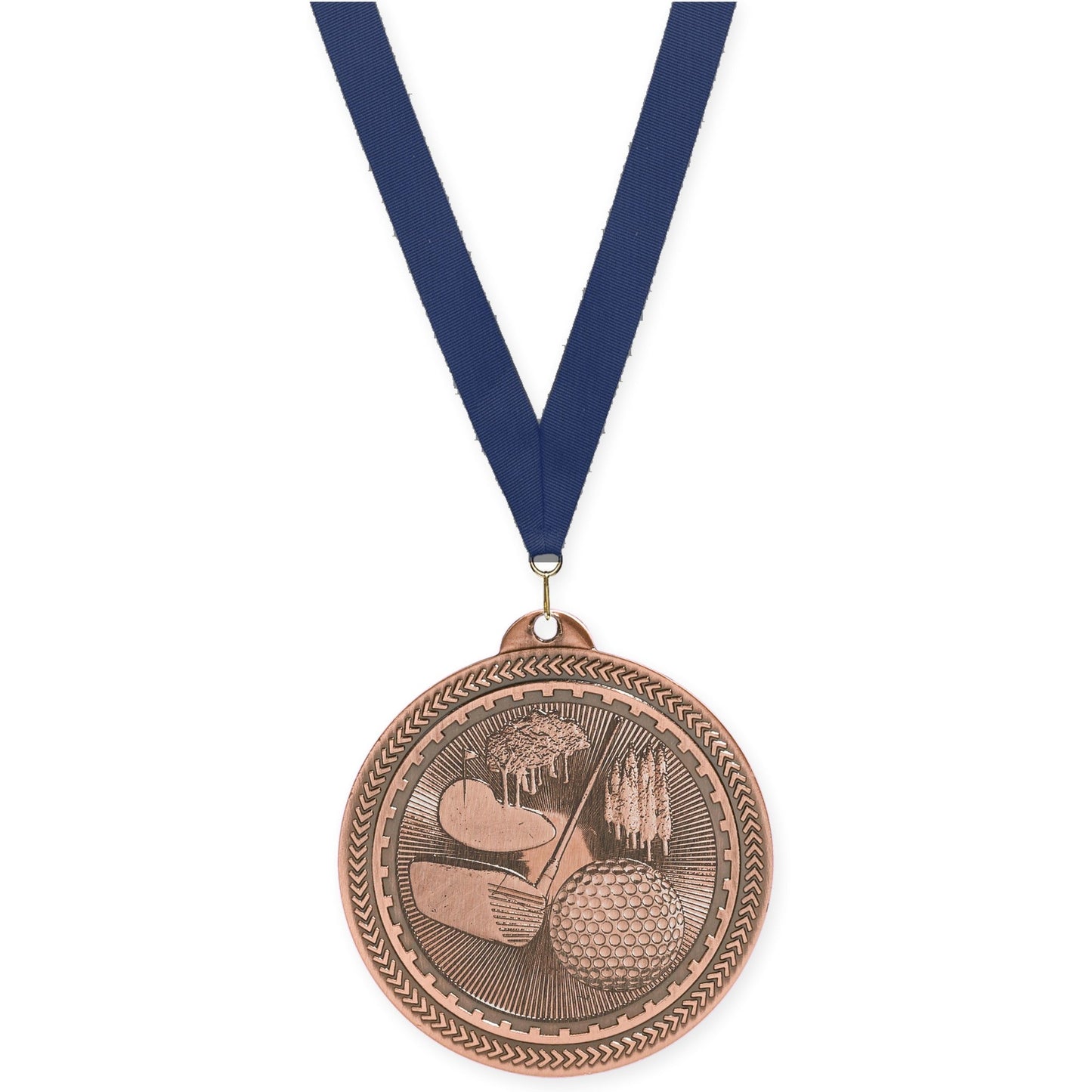 2 inch golf Sunburst medal in antique bronze with Navy neck ribbon