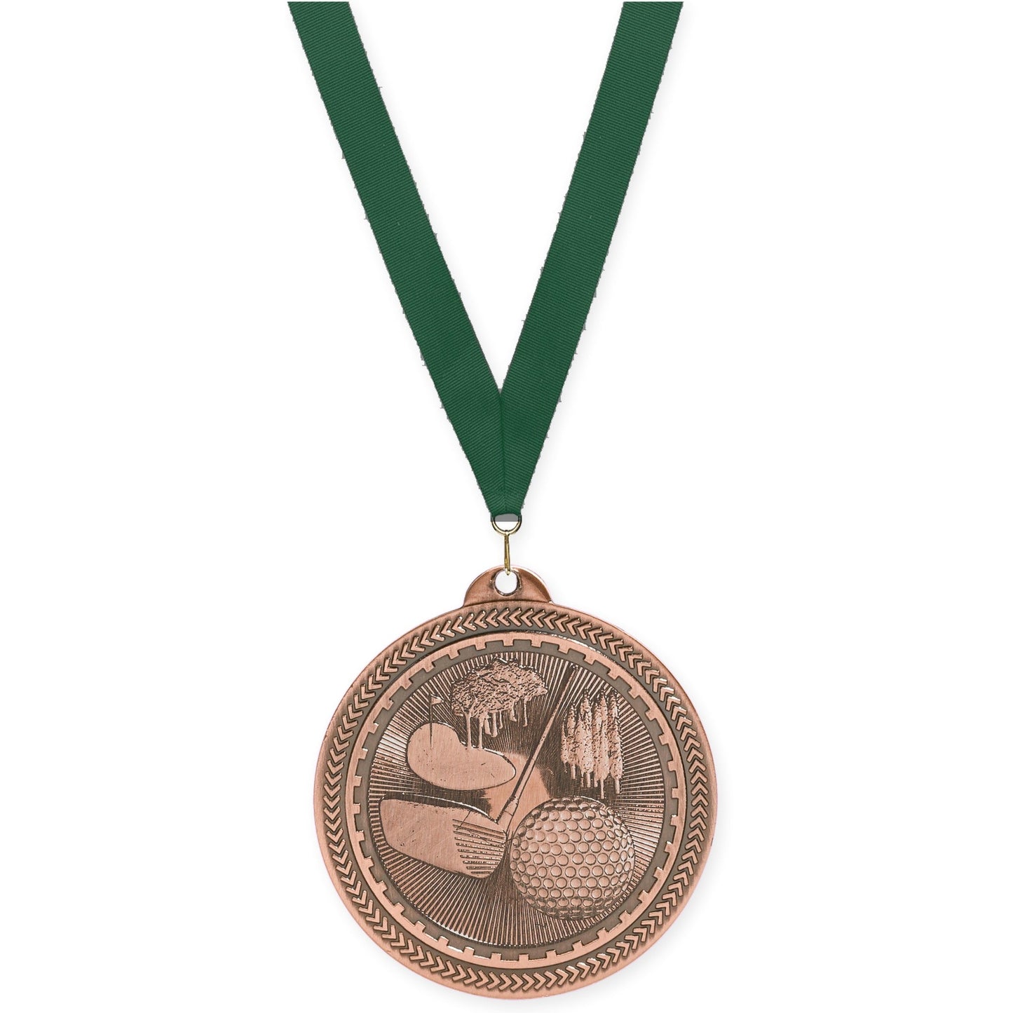 2 inch golf Sunburst medal in antique bronze with Hunter Green neck ribbon