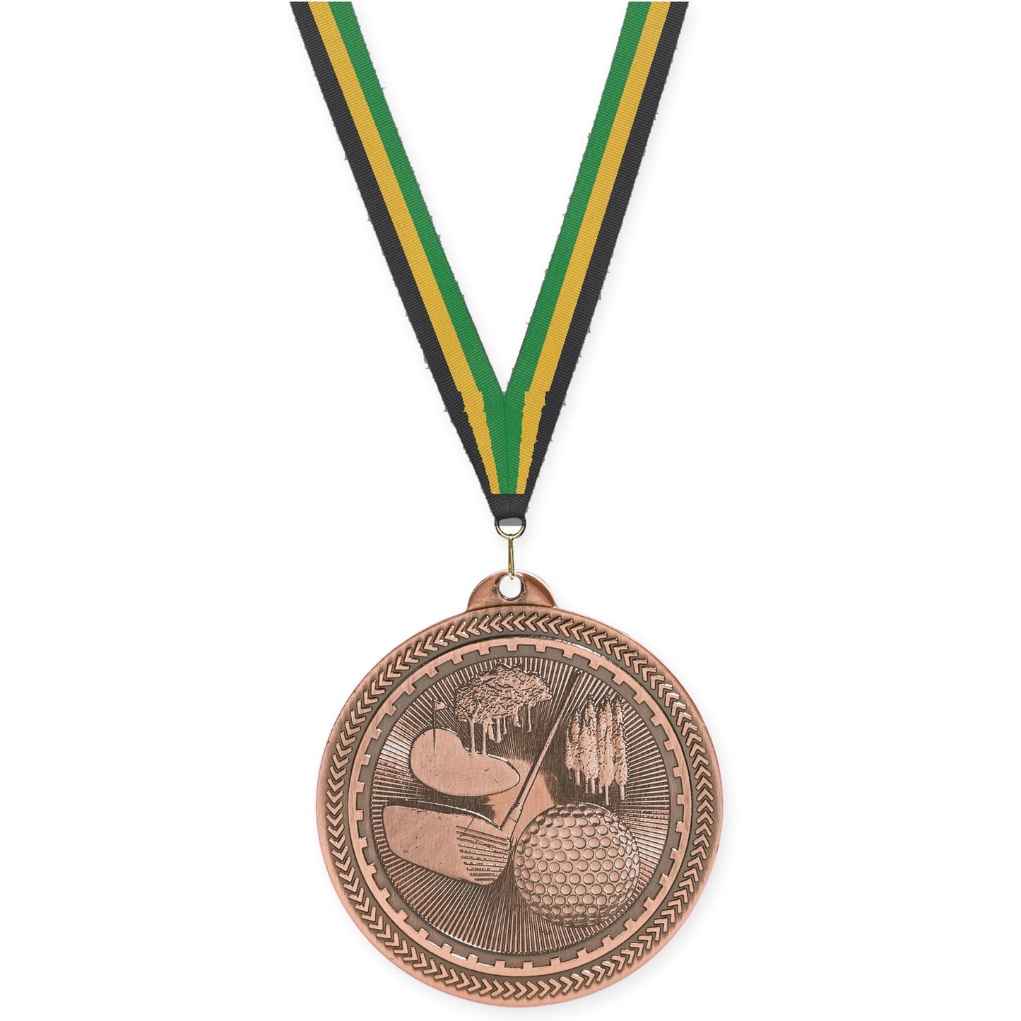 2 inch golf Sunburst medal in antique bronze with Black Gold Green neck ribbon