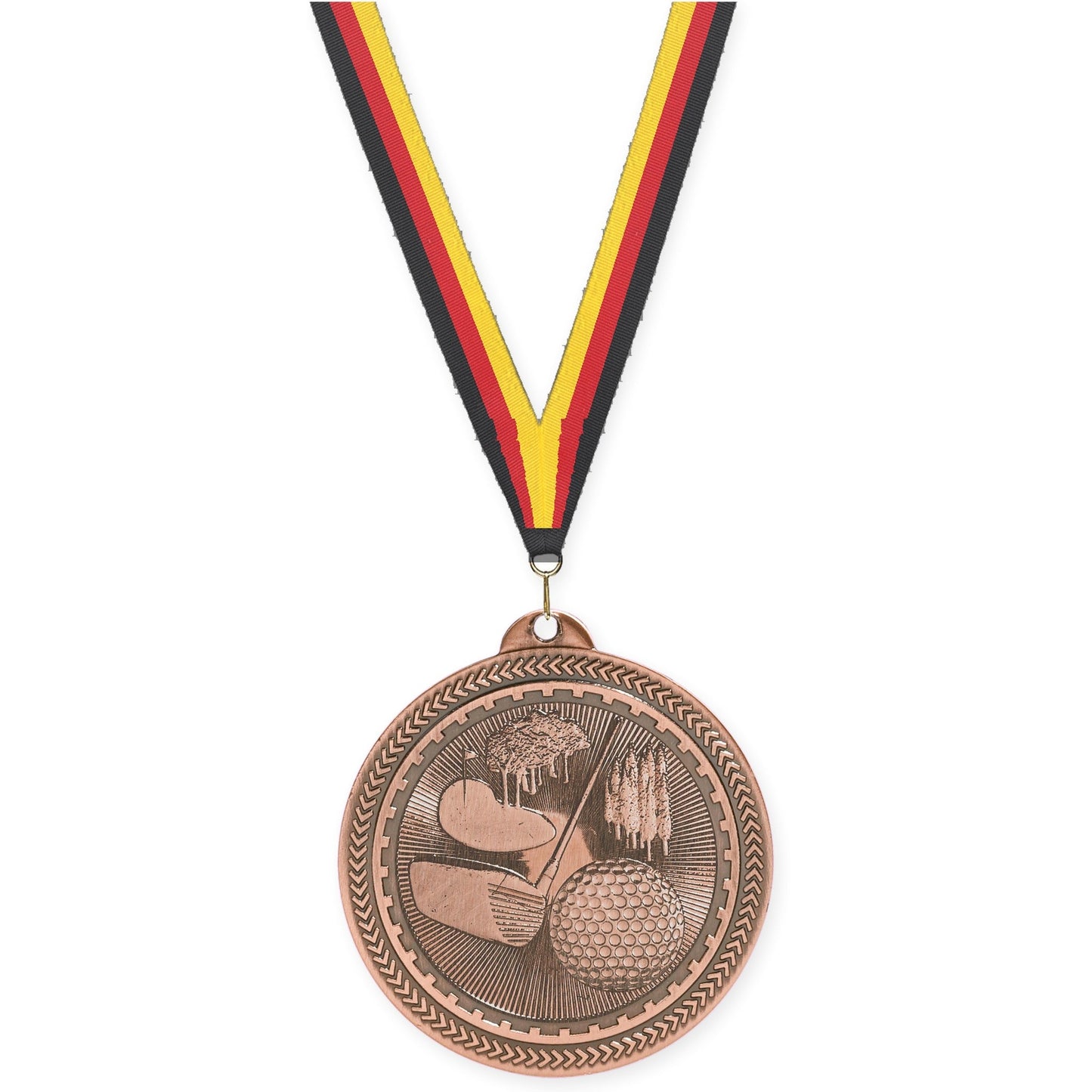 2 inch golf Sunburst medal in antique bronze with Black Red Yellow neck ribbon