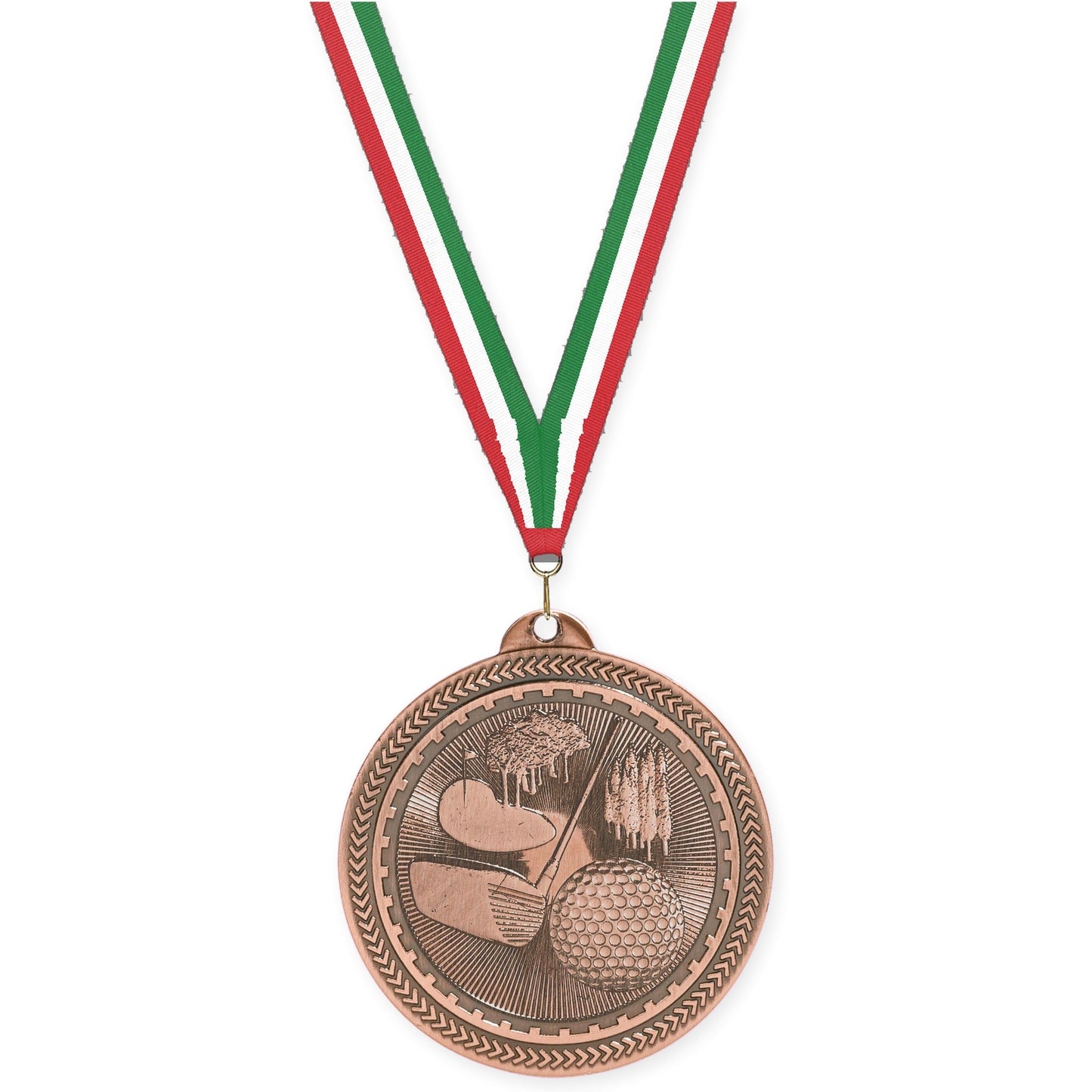 2 inch golf Sunburst medal in antique bronze with Red White Green neck ribbon