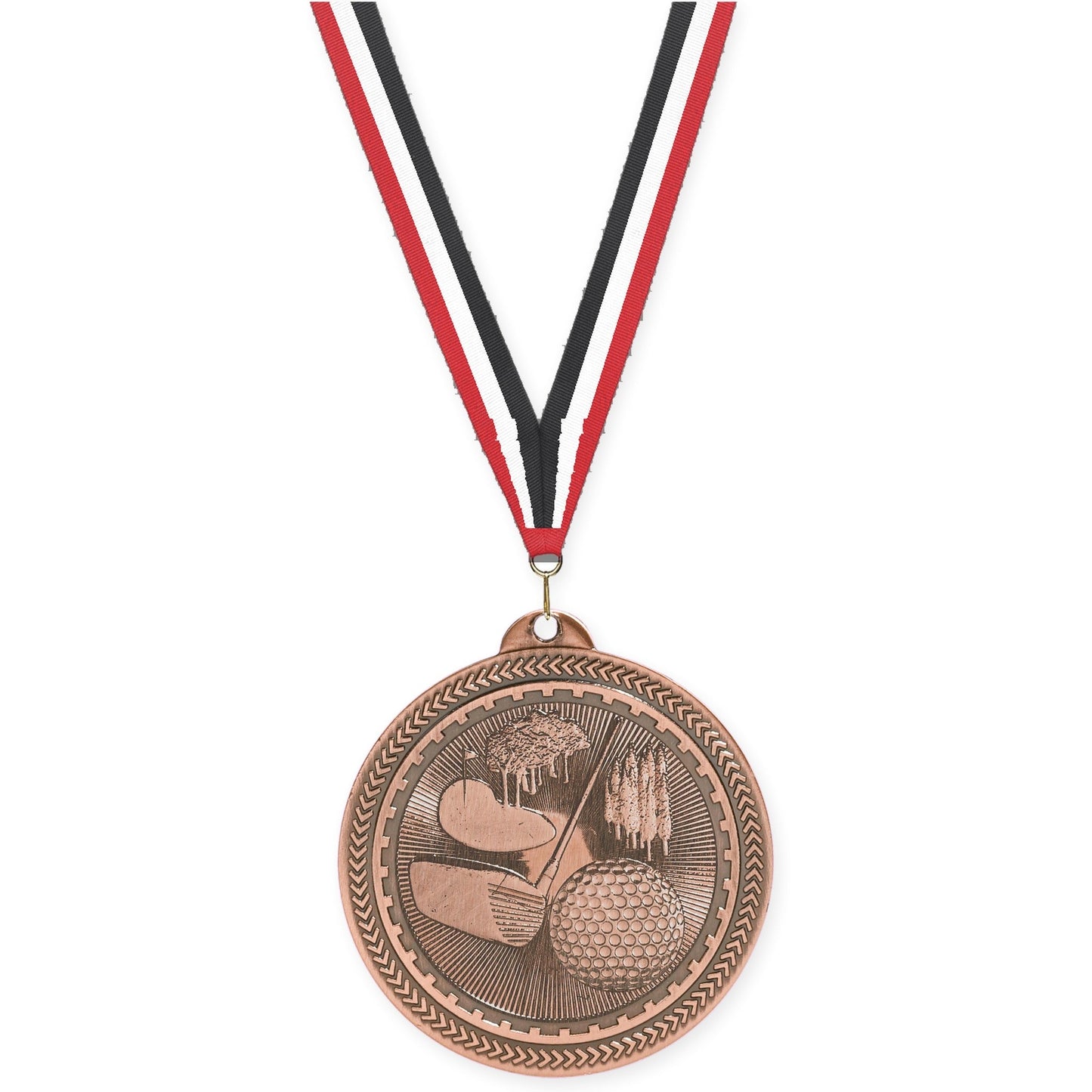 2 inch golf Sunburst medal in antique bronze with Red White Black neck ribbon