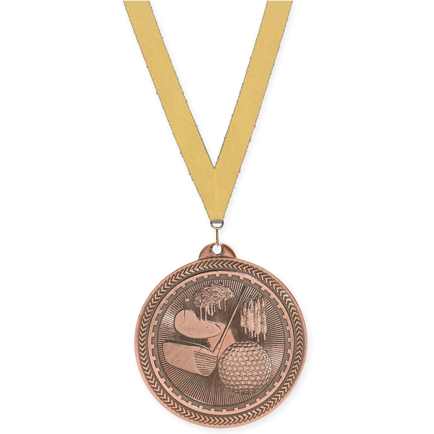 2 inch golf Sunburst medal in antique bronze with Gold Metallic neck ribbon