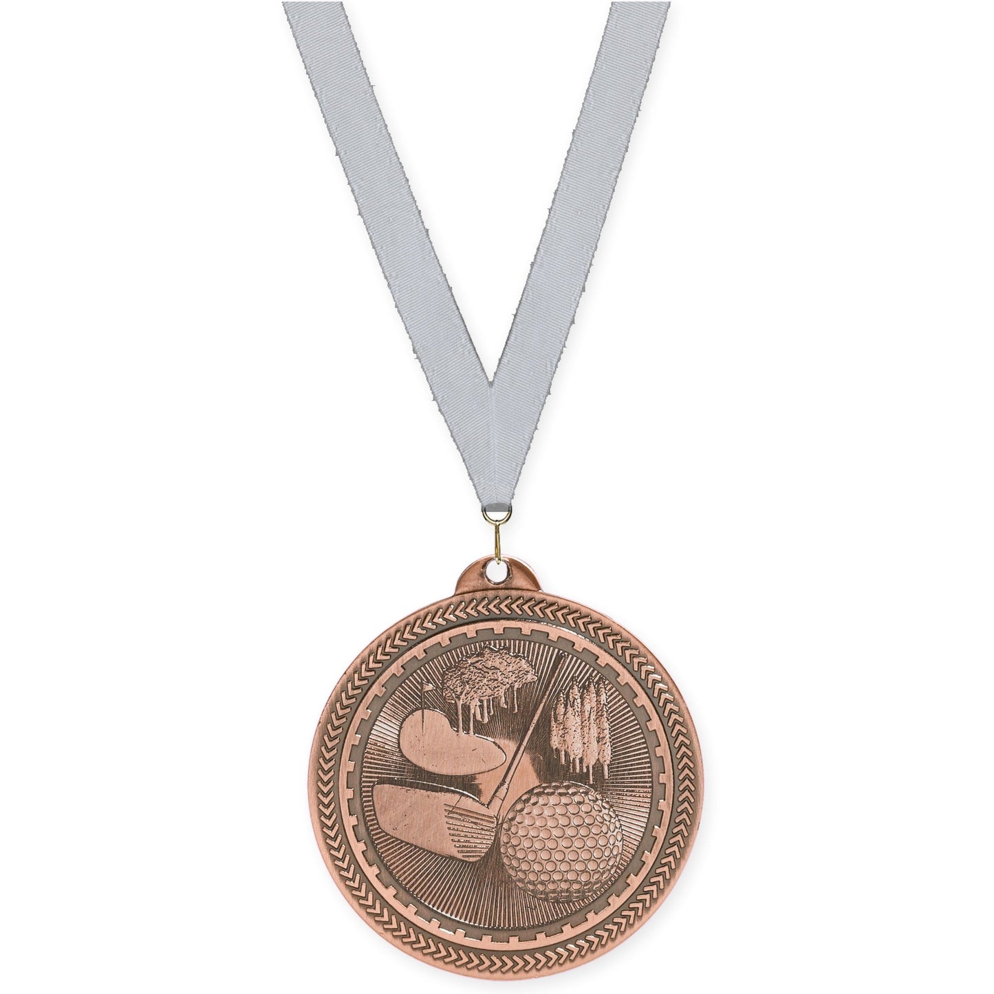 2 inch golf Sunburst medal in antique bronze with Silver Metallic neck ribbon