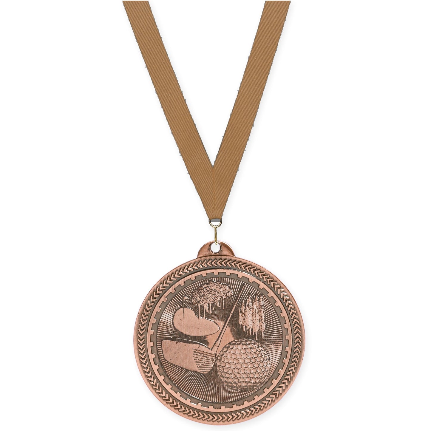 2 inch golf Sunburst medal in antique bronze with Bronze Metallic neck ribbon