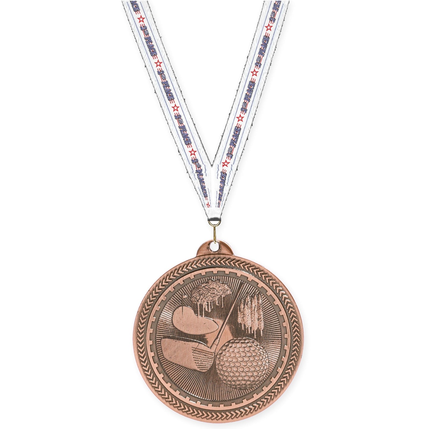 2 inch golf Sunburst medal in antique bronze with 2nd Place neck ribbon