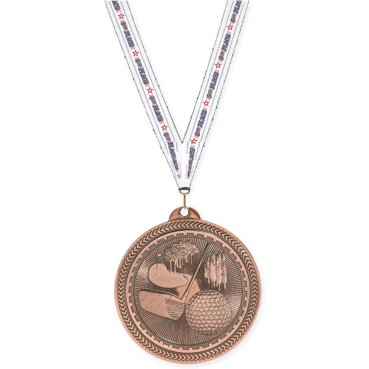 2 inch golf Sunburst medal in antique bronze with 3rd Place neck ribbon