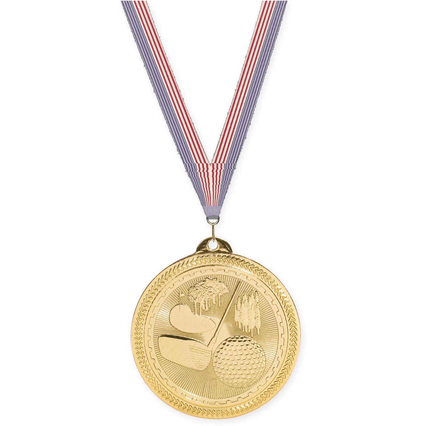 2 inch golf Sunburst medal in bright gold with USA Flag neck ribbon