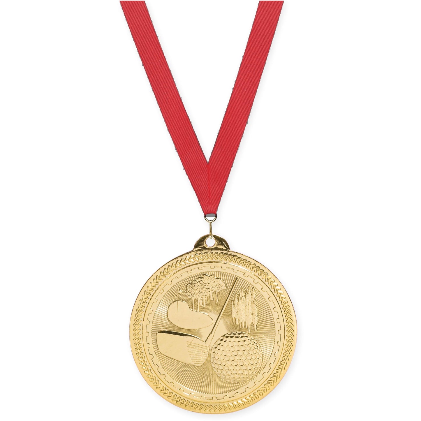 2 inch golf Sunburst medal in bright gold with Red neck ribbon