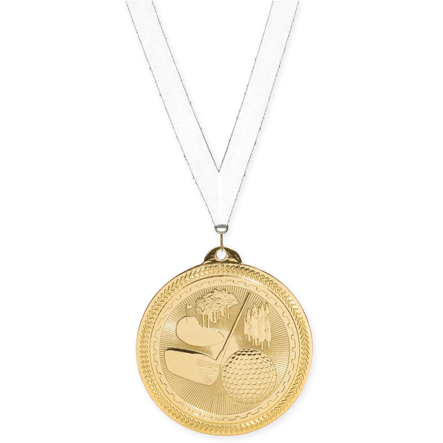 2 inch golf Sunburst medal in bright gold with White neck ribbon