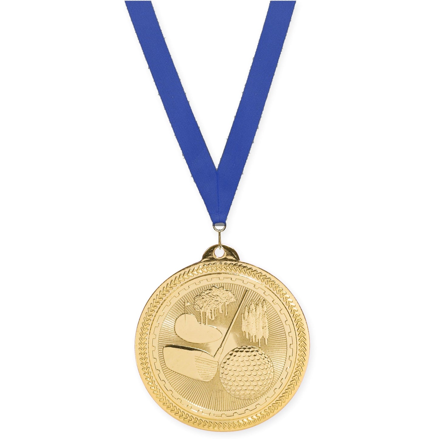 2 inch golf Sunburst medal in bright gold with Blue neck ribbon
