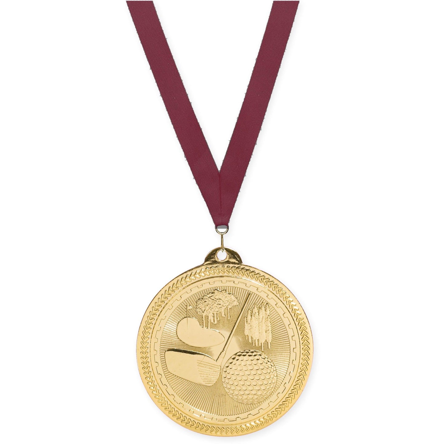 2 inch golf Sunburst medal in bright gold with Maroon neck ribbon
