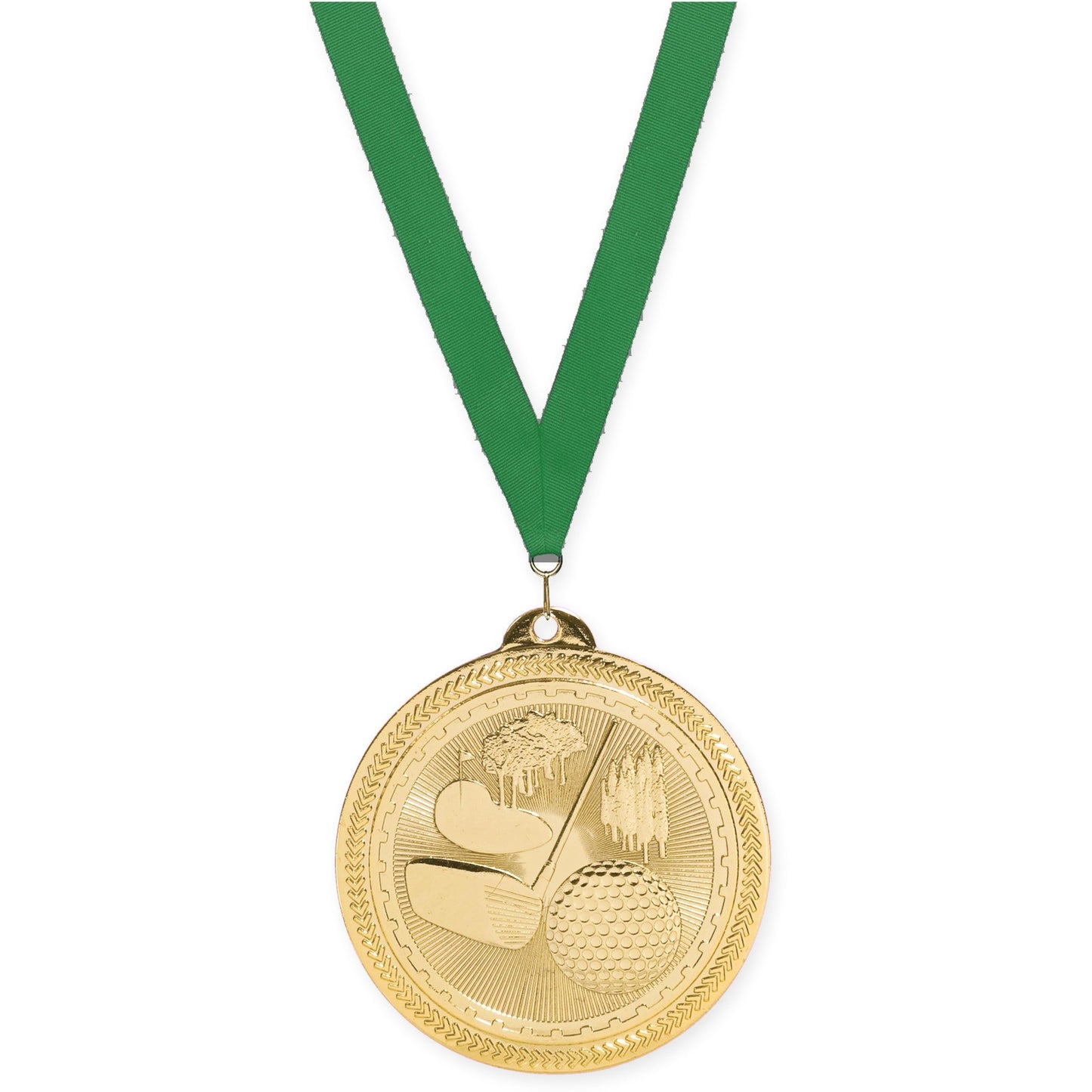 2 inch golf Sunburst medal in bright gold with Green neck ribbon