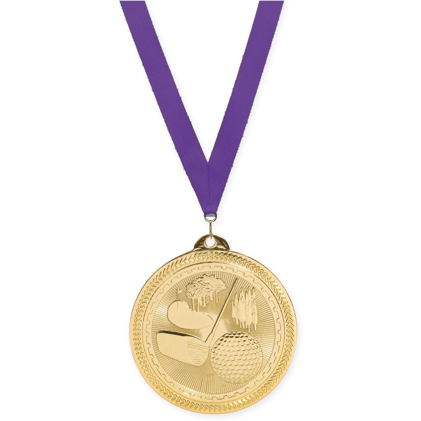2 inch golf Sunburst medal in bright gold with Purple neck ribbon