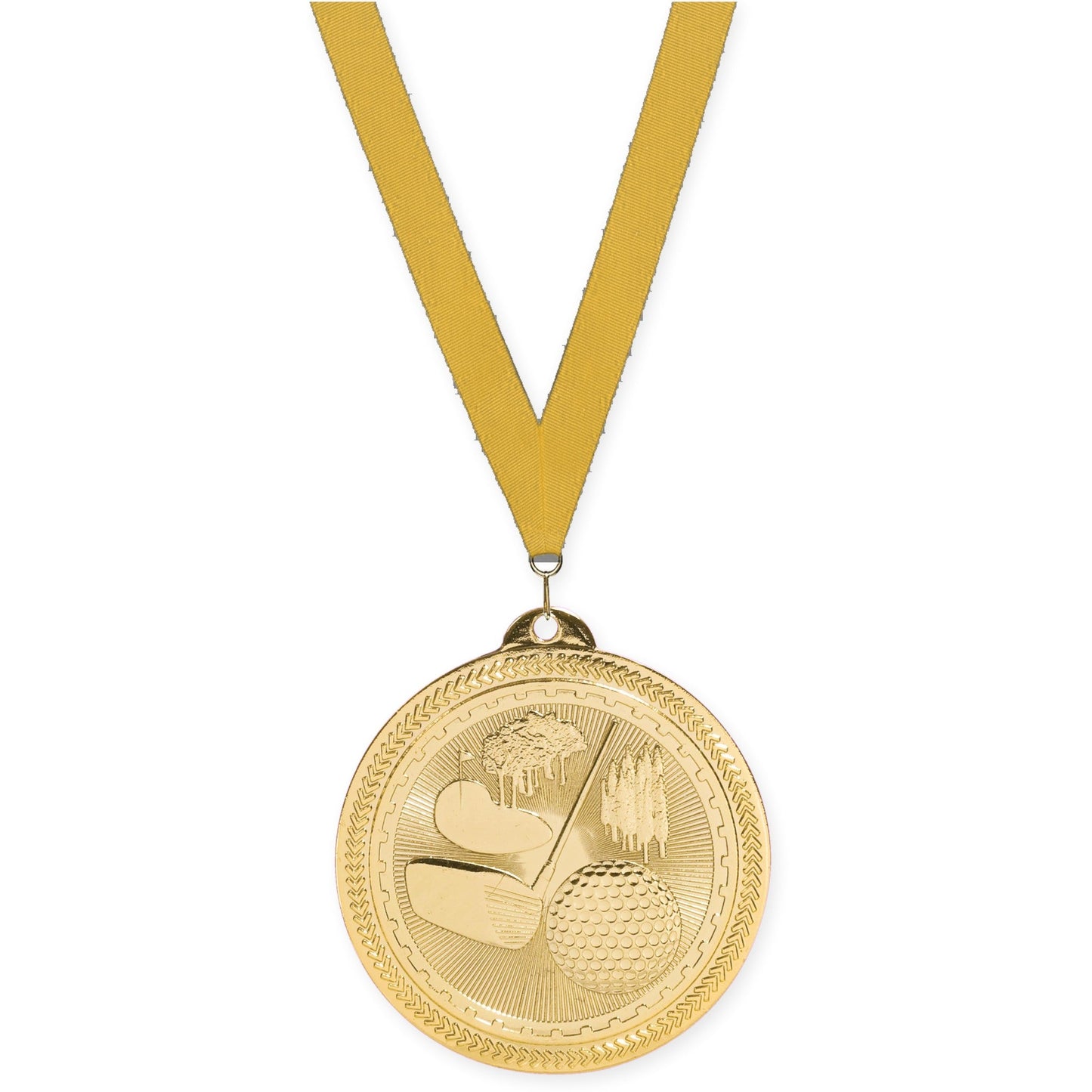 2 inch golf Sunburst medal in bright gold with Gold neck ribbon