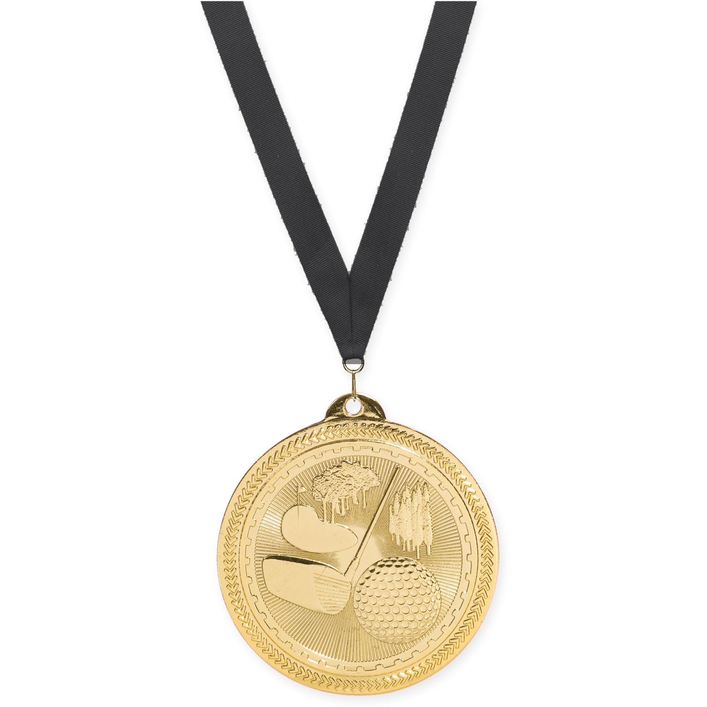 2 inch golf Sunburst medal in bright gold with Black neck ribbon