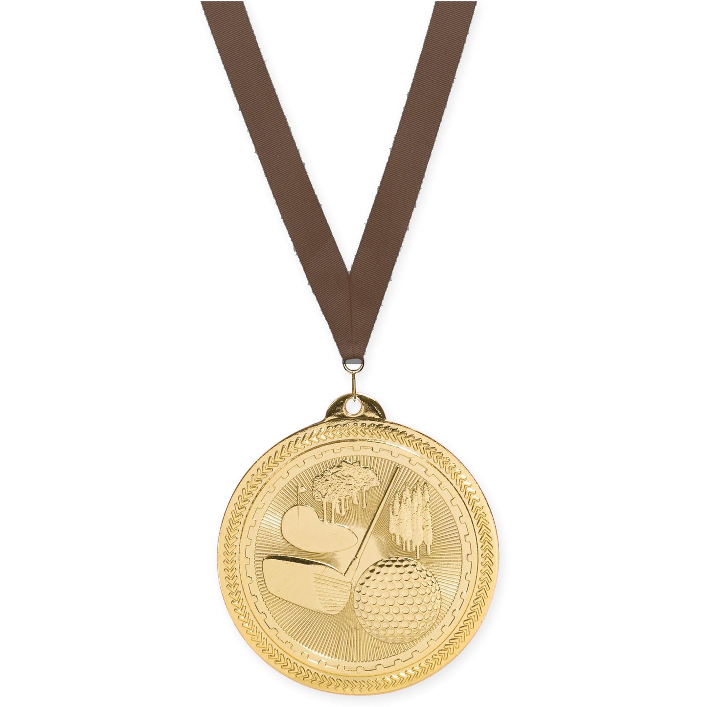 2 inch golf Sunburst medal in bright gold with Brown neck ribbon