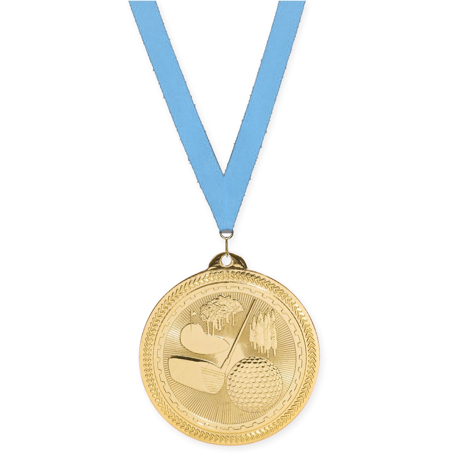 2 inch golf Sunburst medal in bright gold with Light Blue neck ribbon