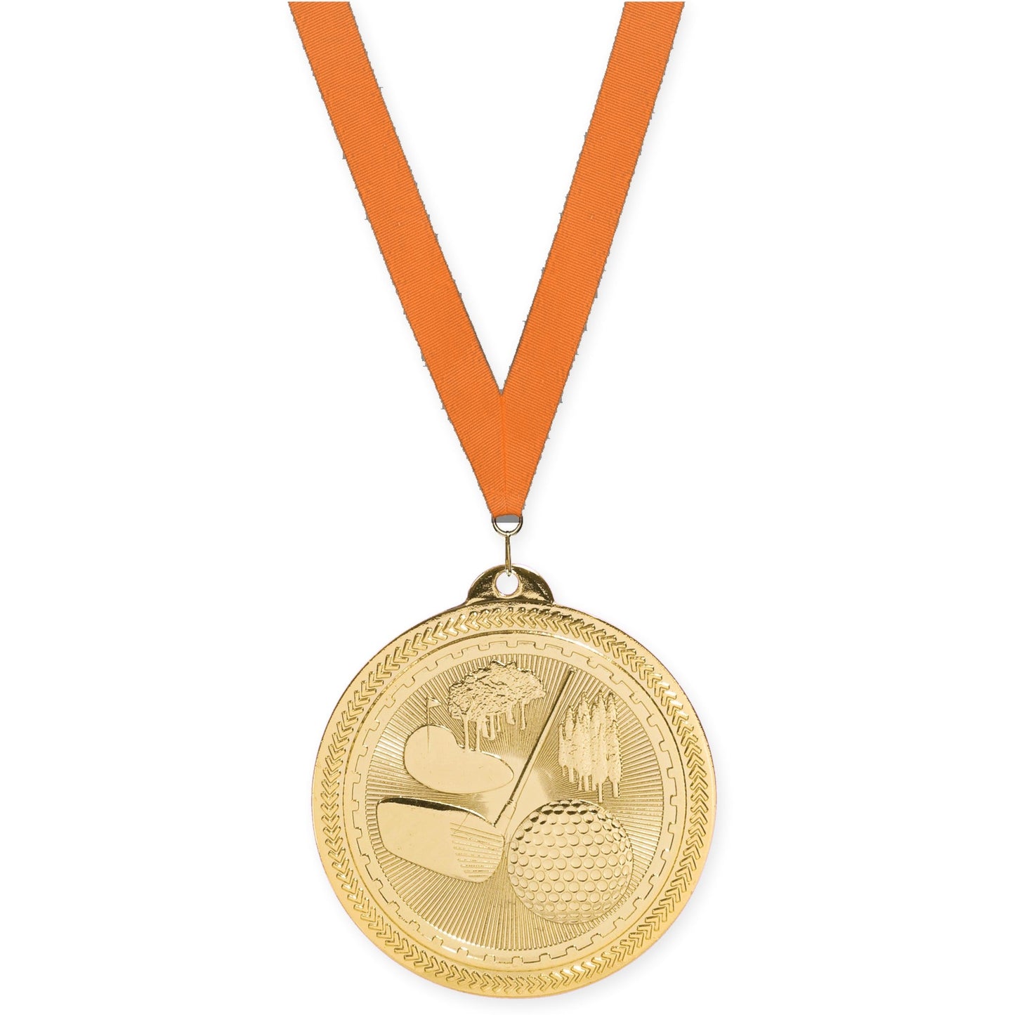2 inch golf Sunburst medal in bright gold with Orange neck ribbon