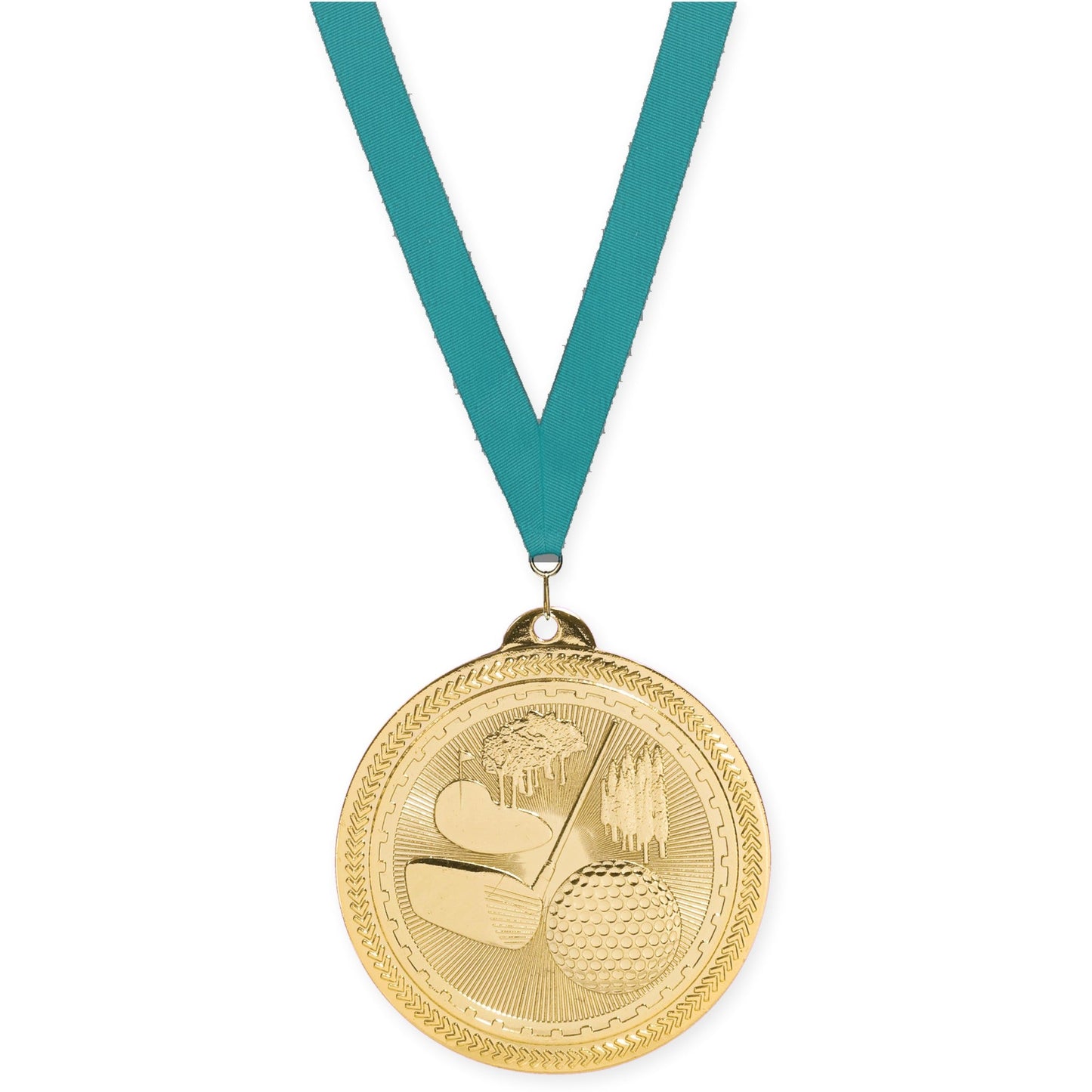 2 inch golf Sunburst medal in bright gold with Teal neck ribbon