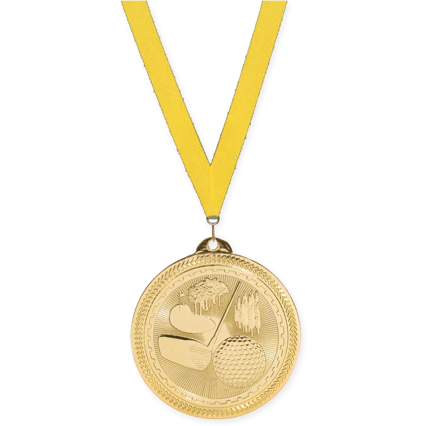 2 inch golf Sunburst medal in bright gold with Yellow neck ribbon