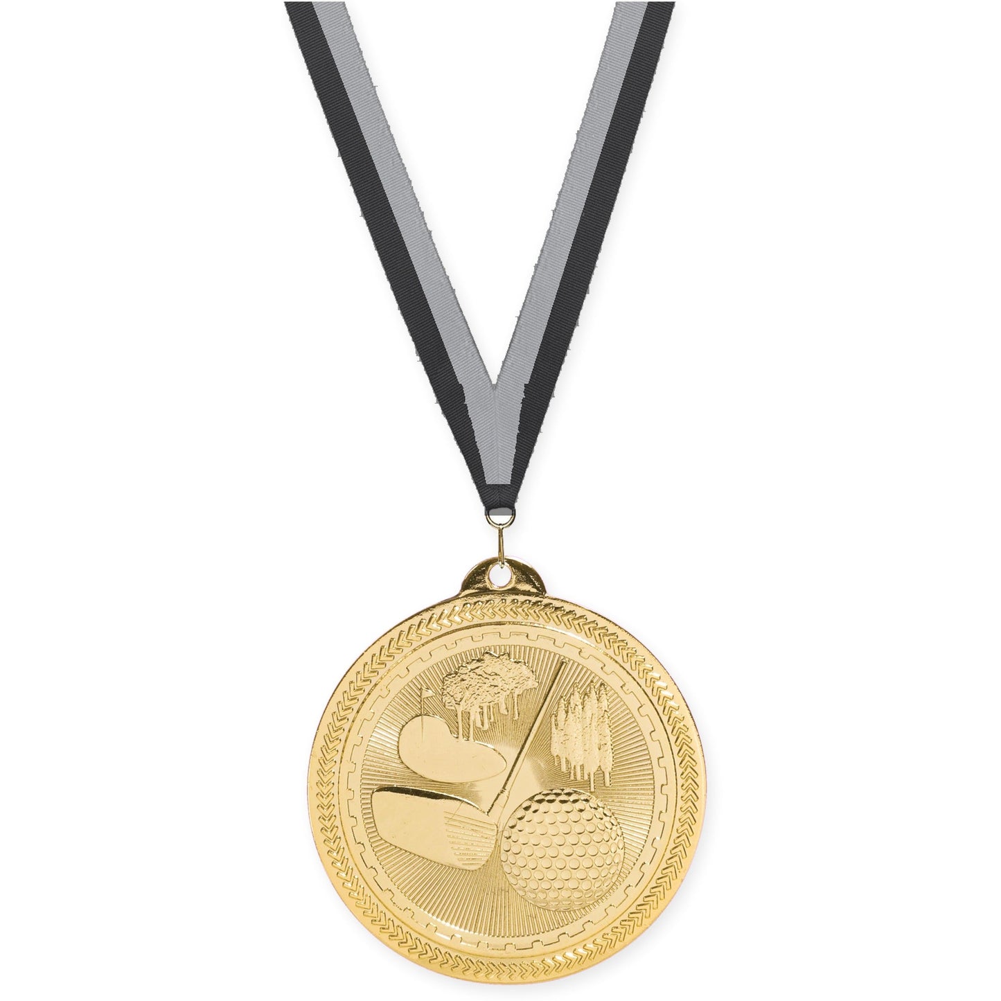 2 inch golf Sunburst medal in bright gold with Black Gray neck ribbon