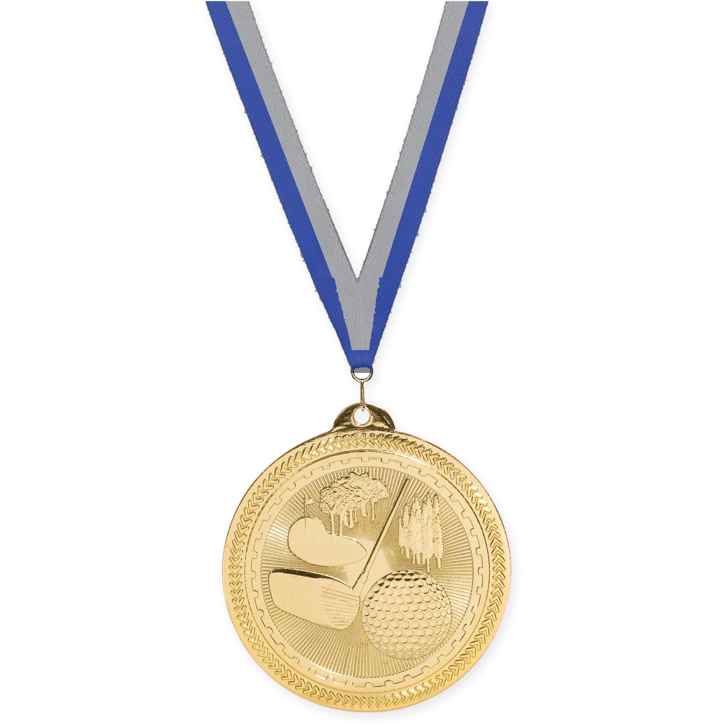 2 inch golf Sunburst medal in bright gold with Blue Gray neck ribbon
