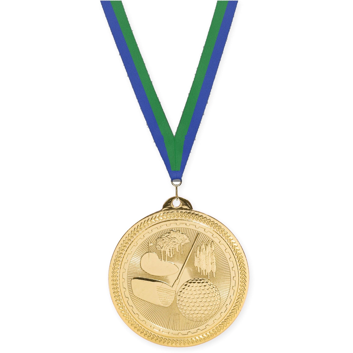 2 inch golf Sunburst medal in bright gold with Blue Green neck ribbon