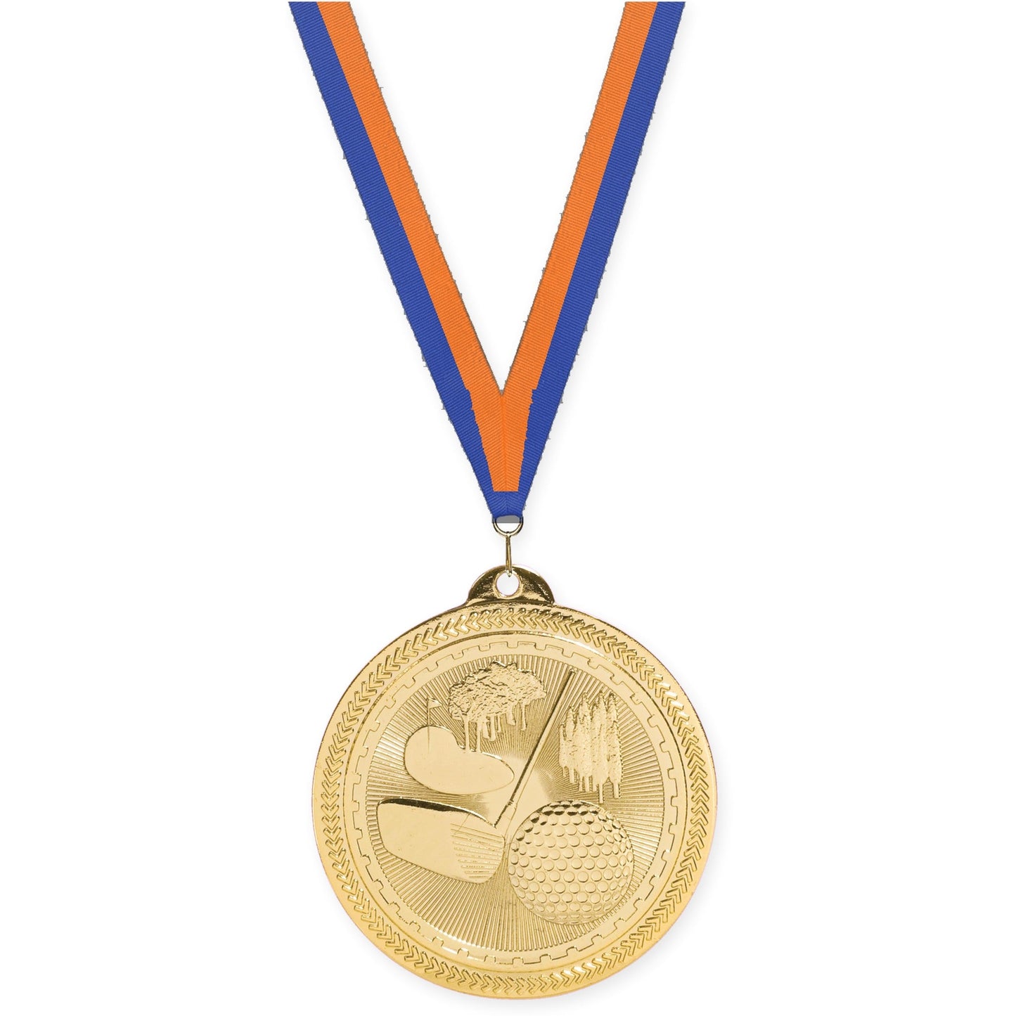 2 inch golf Sunburst medal in bright gold with Blue Orange neck ribbon